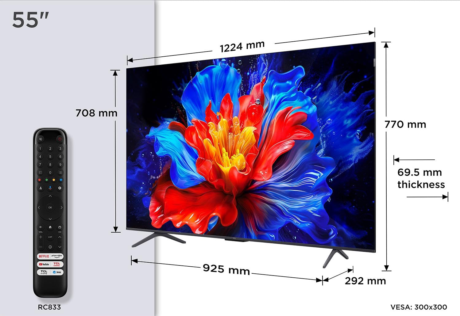 TCL 55P8K - TV QLED 55 (140 cm) - 4K UHD 3840x2160-144 Hz - Dolby Vision - Google TV - 4xHDMI 2.1 - WiFi