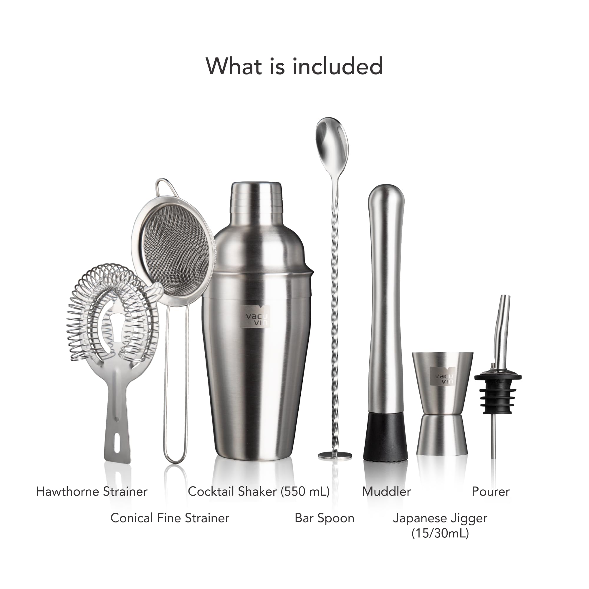 Vacu Vin Cocktail-Set Plus – 7 unverzichtbare Werkzeuge zum Mischen und Servieren von Cocktails – spülmaschinenfest – Cocktailshaker, Doppel-Messbecher, Stößel, Hawthorne-Sieb – perfekte Weingeschenke