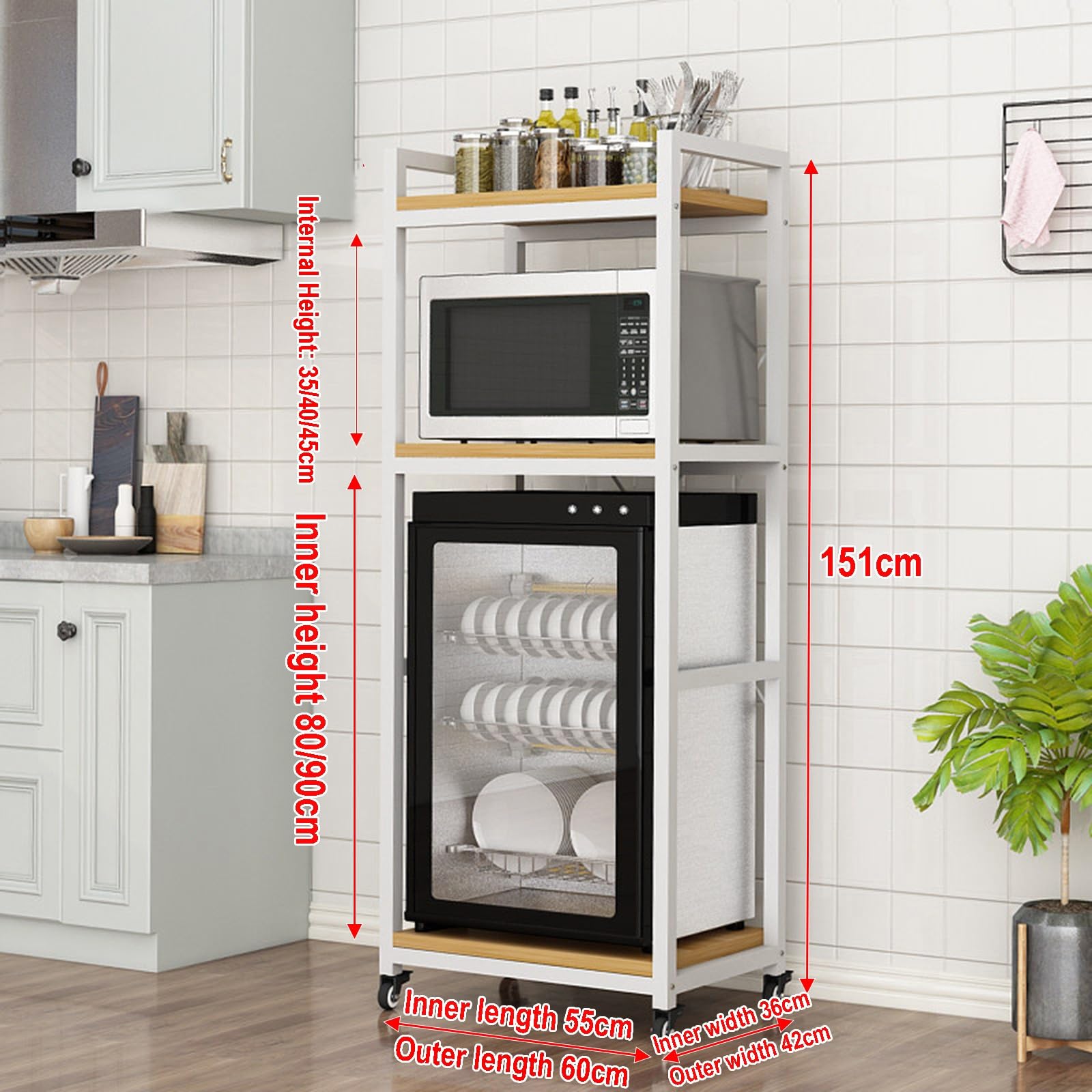 Carrello per microonde su ruote, organizer da cucina regolabile a 3 livelli con metallo e MDF, supporto salvaspazio per forno a microonde e mini frigorifero, scaffale per rollare