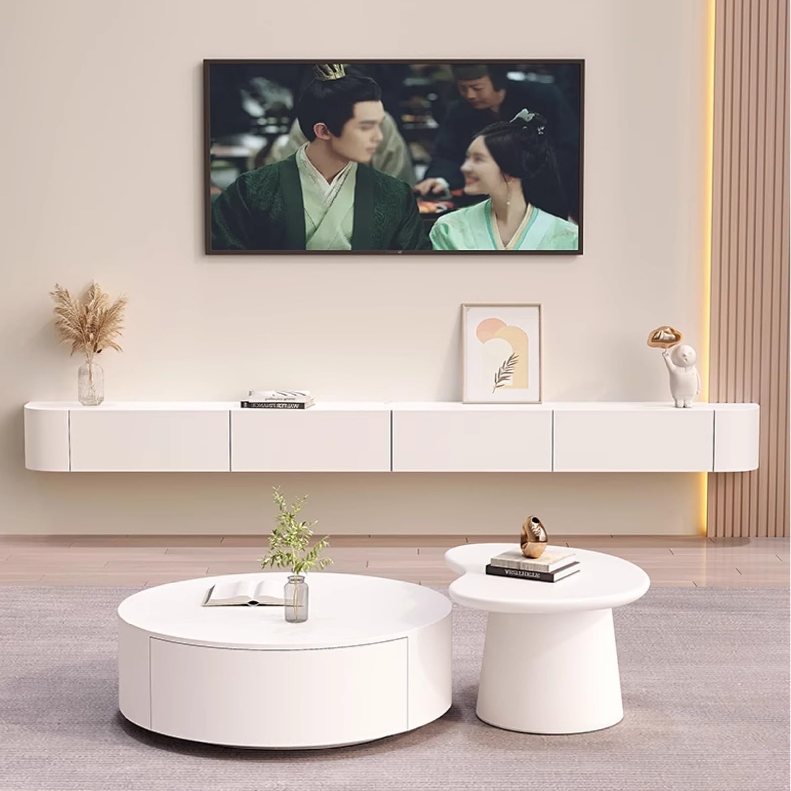 Meuble TV flottant en bois de 140 cm avec 3 armoires de rangement pour salon