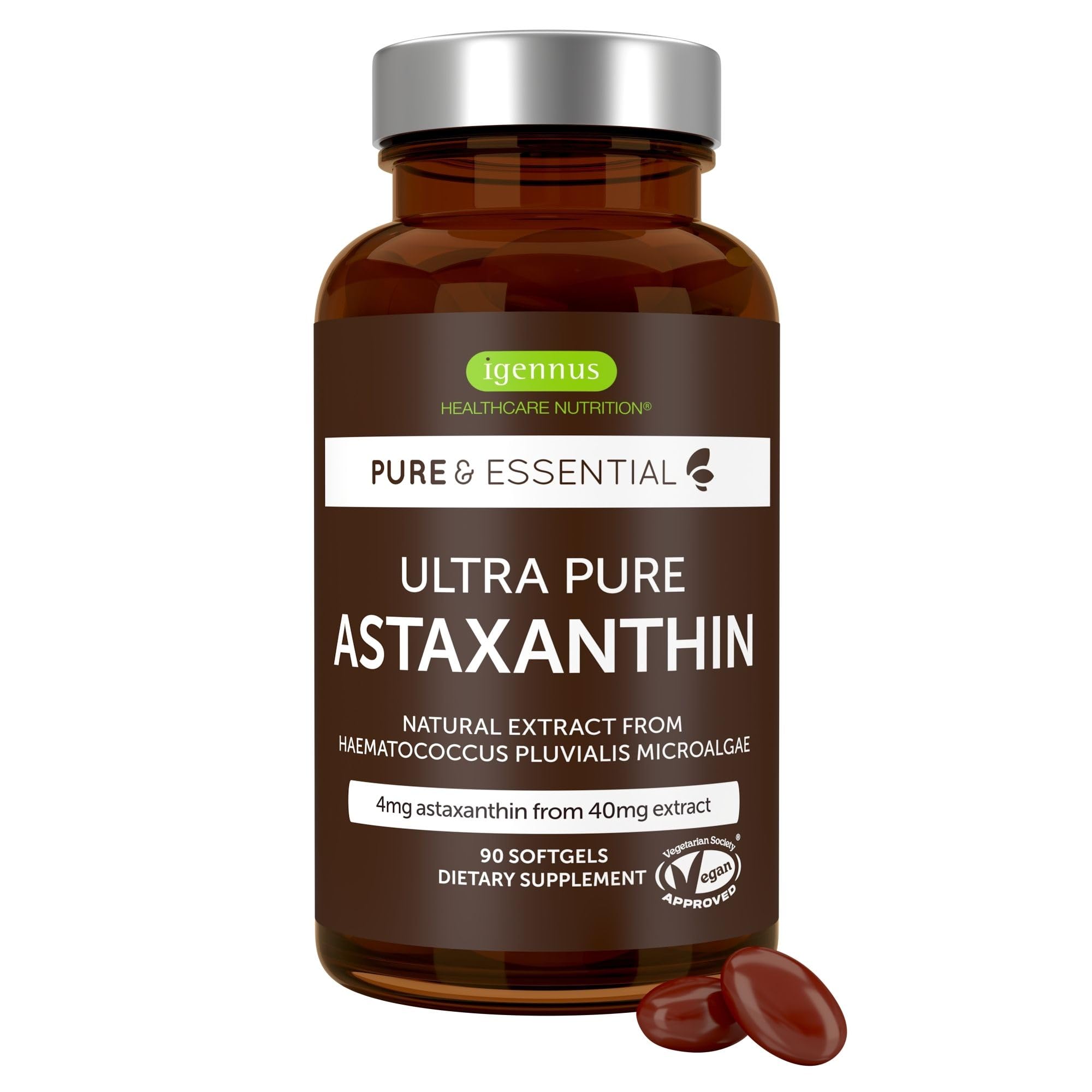 Igennus Vegan Astaxanthin 4mg Complex with Lutein and Zeaxanthin, 90 Small Softgels, from 42 mg Astalif, Natural Algae Antioxidant for Eyes, Skin & Joints, Non-GMO, H. Pluvialis