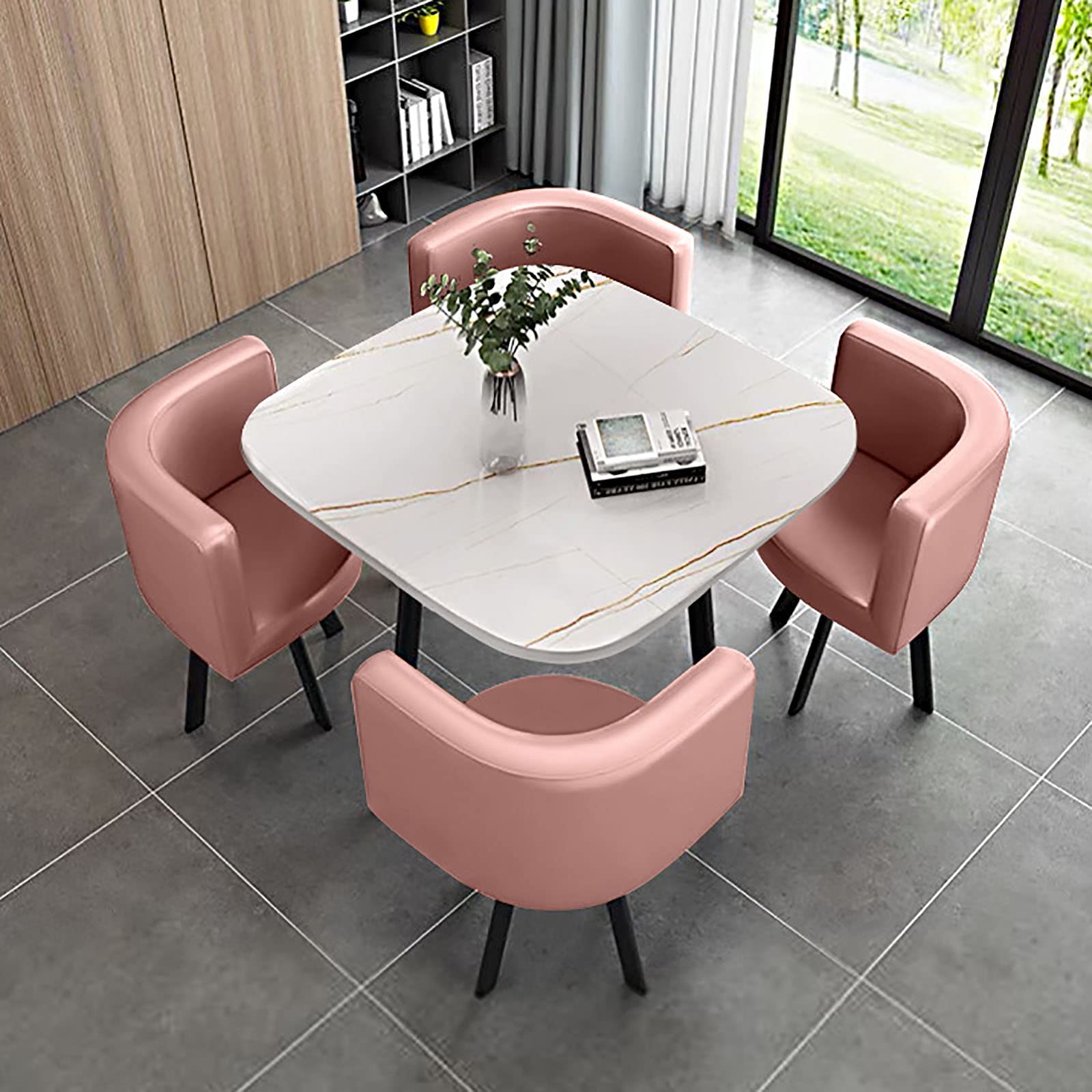 OLSKFUH Modern Round Dining Table Set With 4 Chairs For Business Meetings And Office Conference Small Round Coffee Table And Chair Combination Pu 6,Pu-17-80 * 80 * 73cm