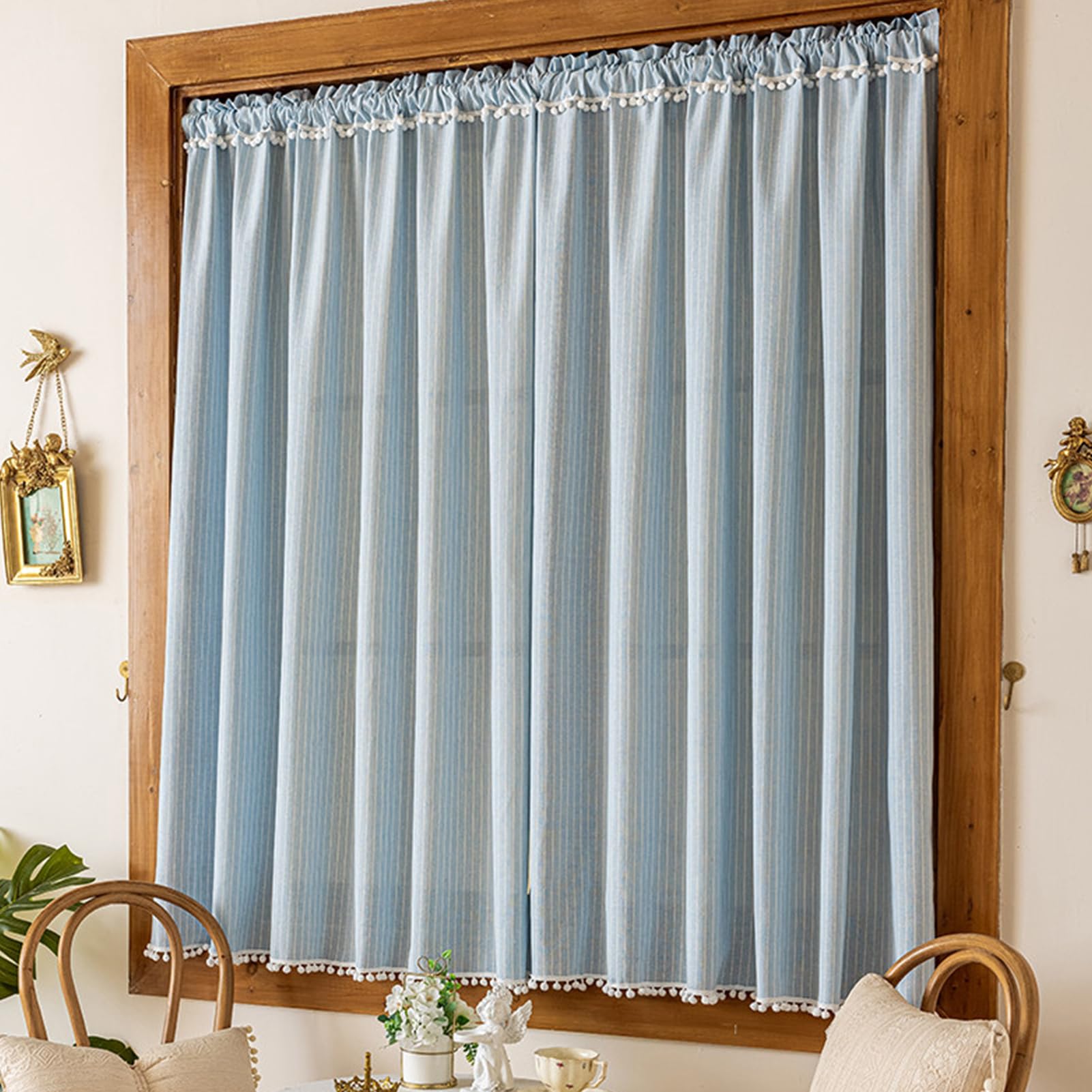 ZZYK Linen Blue Valance for Small Window Kitchen Living Room Light Filtering Privacy Farmhouse Cafe Bedroom Basement Curtains Washed Rustic Short Valances,1 piece,39" W x 79" L