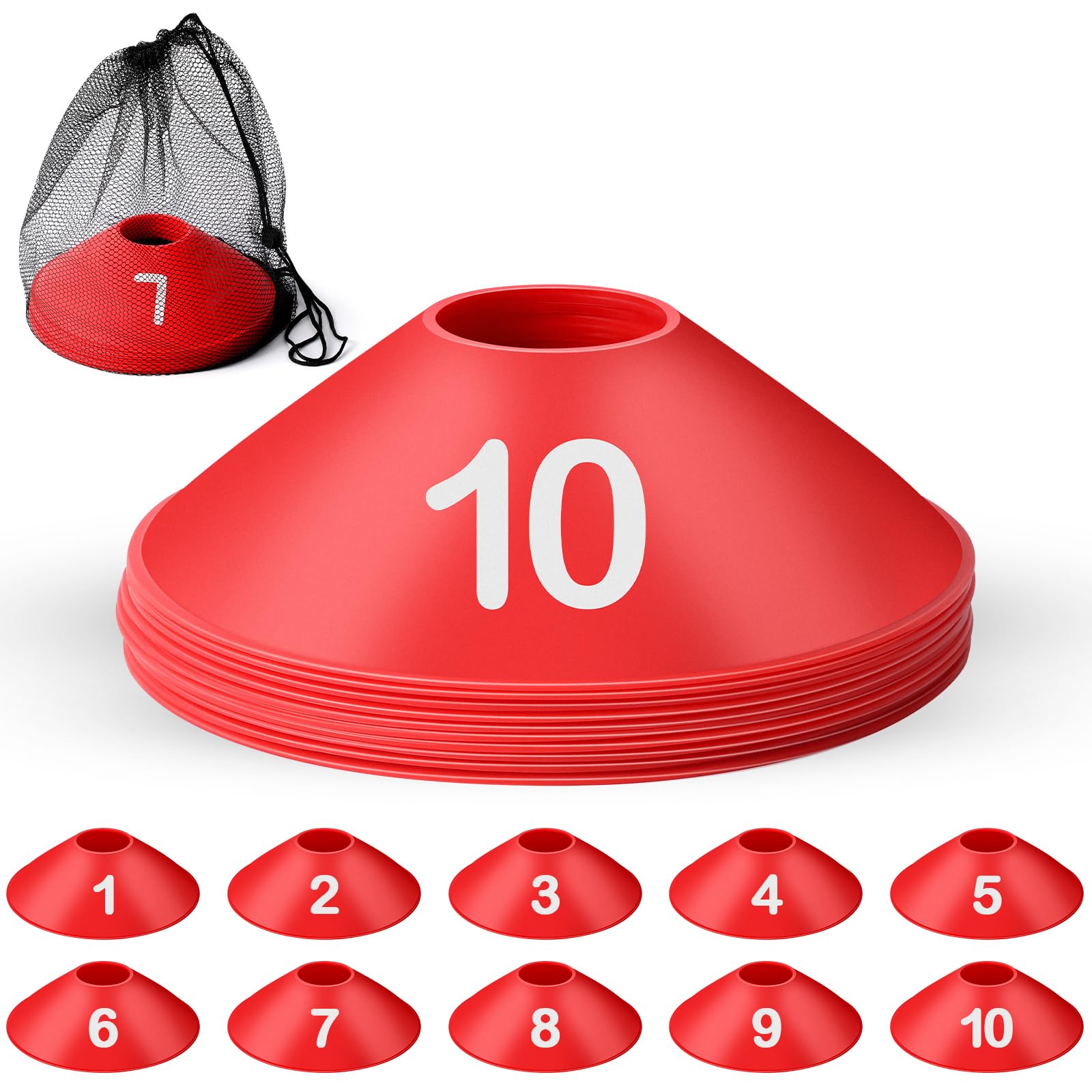 Relaxgiant 10 Pcs Numbered Sports Disc Cones 1-10 Soccer Cones with Mesh Carry Bag Flexible Agility Cones Soft Field Cones for Gym PE Classes School