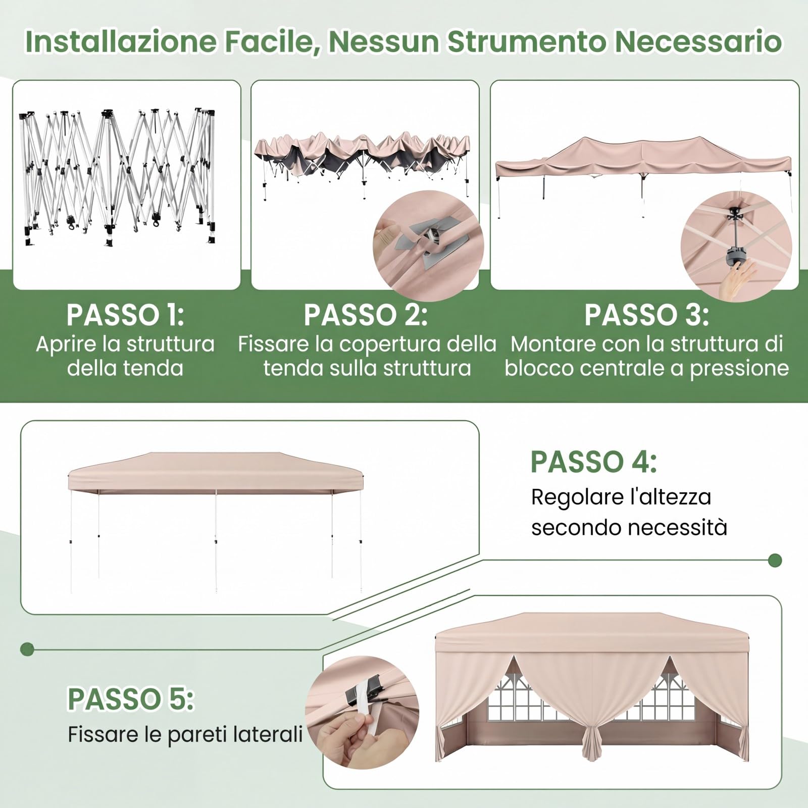 COSTWAY Gazebo da Esterno Pieghevole 3 x 6 m, Gazebo Resistente e Robusto, Tendone Regolabile in Altezza con Pareti Laterali, 6 Sacchi di Sabbia e Borsa, per Feste, Campeggio e Fiere (Beige)