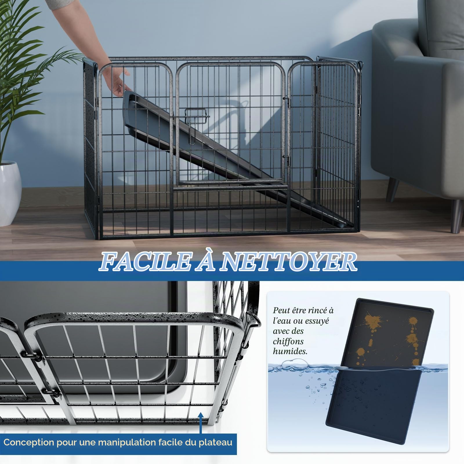 Parc pour Petit Chien avec Plateau, Enclos Chiot Métal 91x61cm | Clôture Pliable à 4 Panneaux Noir, Barrière avec Porte de Sécurité et Bac Facile à Nettoyer pour Lapin, Chiot et Rongeurs