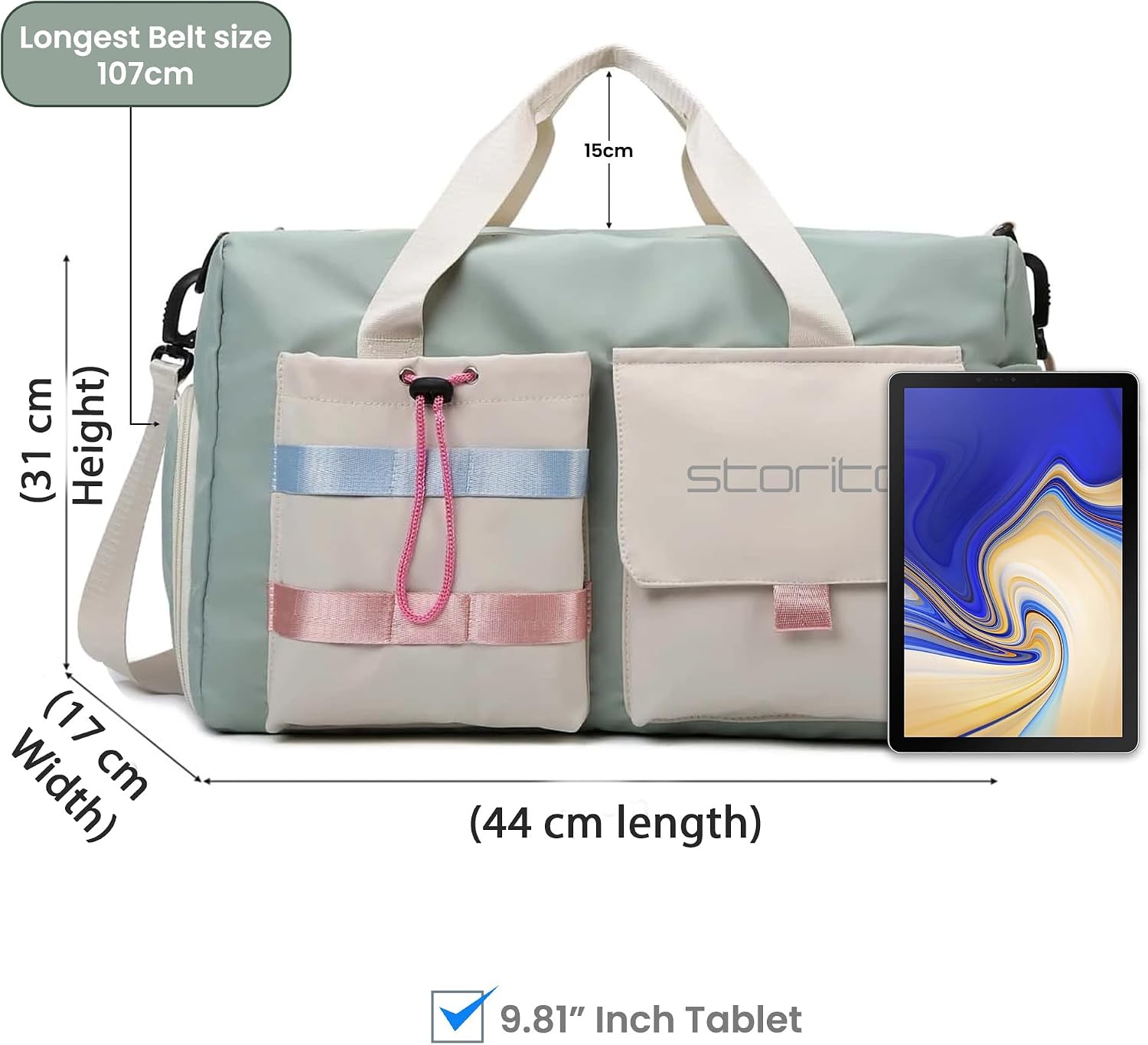 Storite Nylon 45 cms Imported Travel Duffle Bag Muti- Pocket Sports Shoulder Bag for Women with Wet Pocket & Shoe Compartment Weekender Overnight Travel Luggage Bag (Pista Green -45cmX31cmX17cm