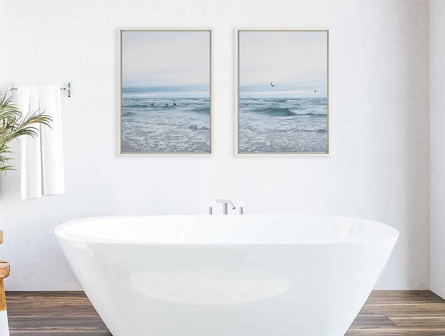 Ocean Swim Coastal Canvas Art Set with White Frame, 18x24
