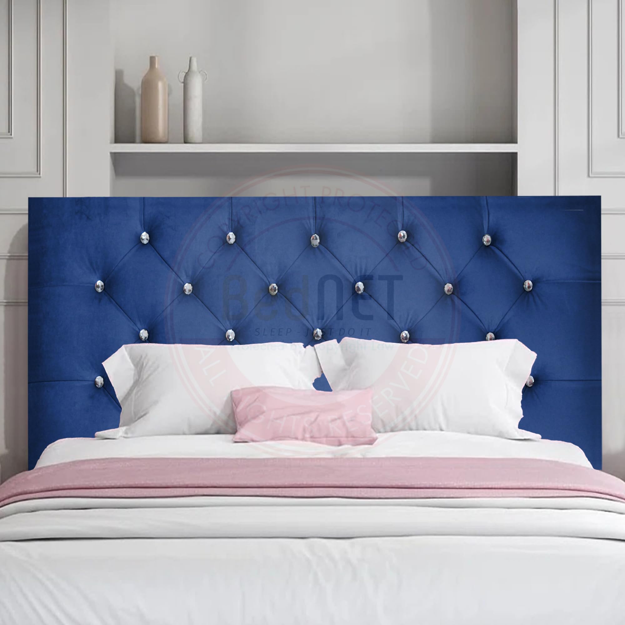 BEDNET Chesterfield 20” 3FT - Single Headboard for Bed, Upholstered Padded Lined Blue Plush Velvet Headboard, Adjustable Height, Modern Bedroom Furniture (Blue, 3FT - Single - 20" Height)
