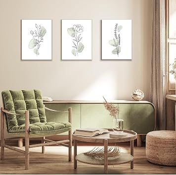 Dazzlewall 3Pcs Framed Abstract Botanical Wall Art Decor, Minimalist Sage Green Flower Line Canvas Wall Art for Bedroom Living Room Decor 12x16 in