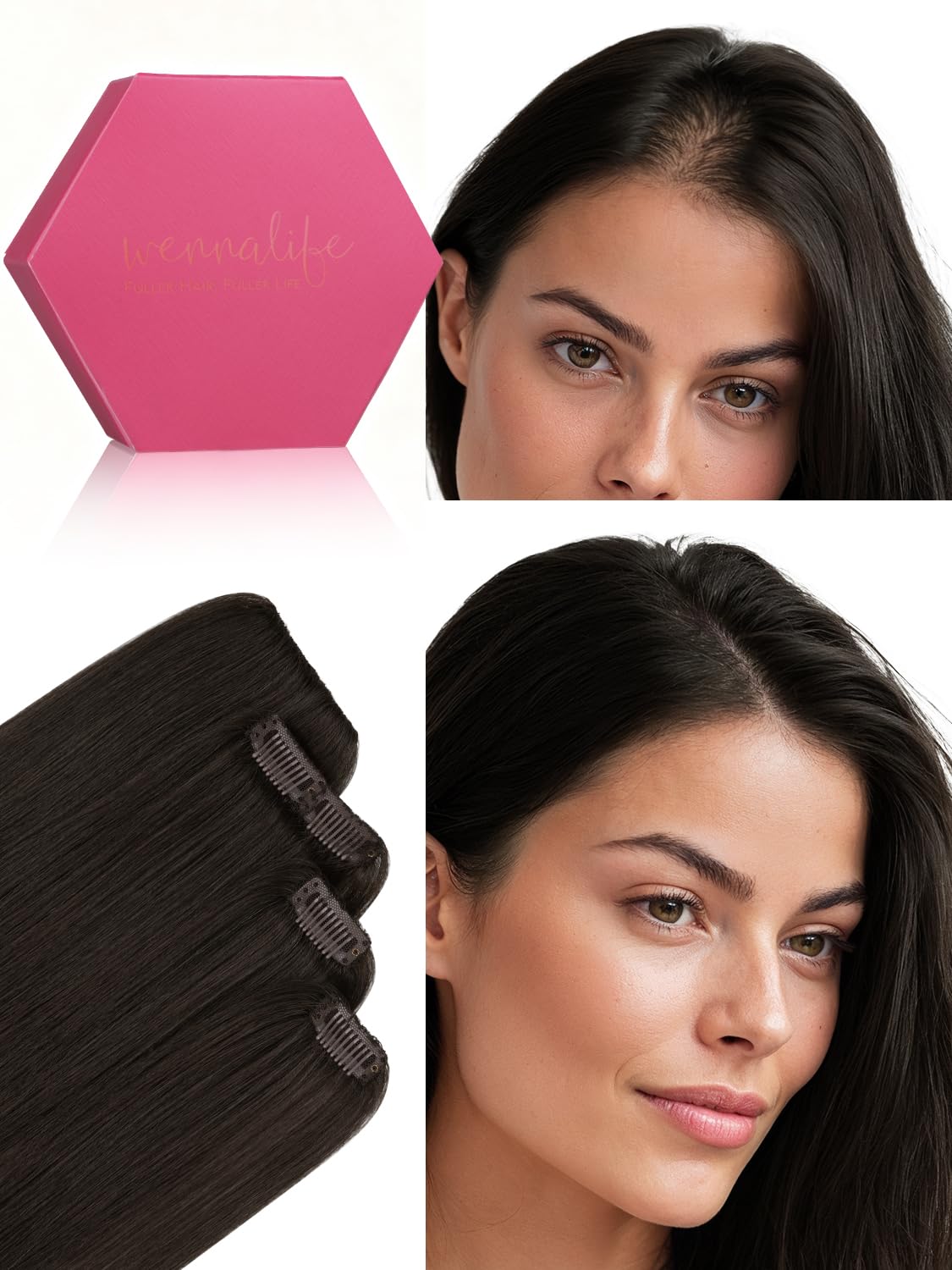 WENNALIFE Scalp Hair Fill-ins Clip in Hair Extensions Real Human Hair 14 inch 4pcs 30g Dark Brown Hair Extensions Clip Ins Invisible Scalp & Part Line Coverage Remy Hair Extensiones De Cabello Humano