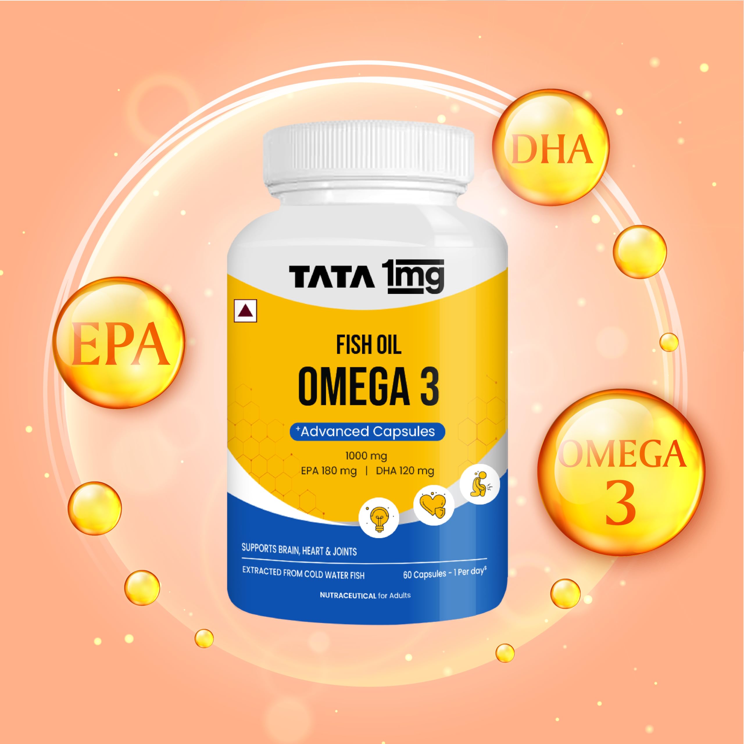 TATA 1MG Fish Oil Capsules with EPA (180mg) & DHA(120mg) for Hearth and Bone Health Skin & Hair Health, For Men/Women, No Fishy Burps,Non-GMO(Pack of 60) - Image 3 thumbnail