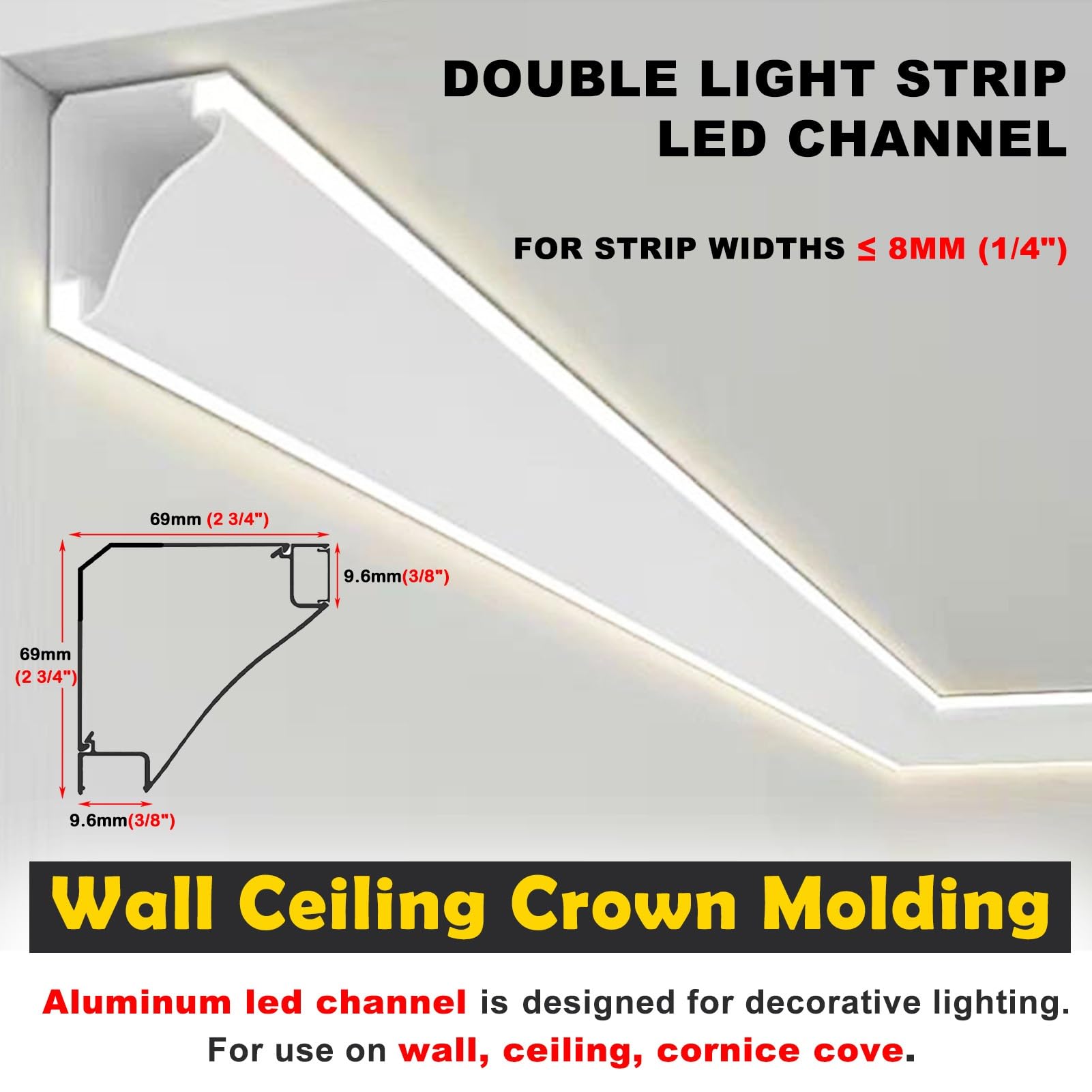 Deckenprofil mit LED-Diffusor ohne Spot, doppelte Aluminium-Lichtleiste, indirektes Beleuchtungsprofil für Trockenbauwände (3 m [9,8 ft])