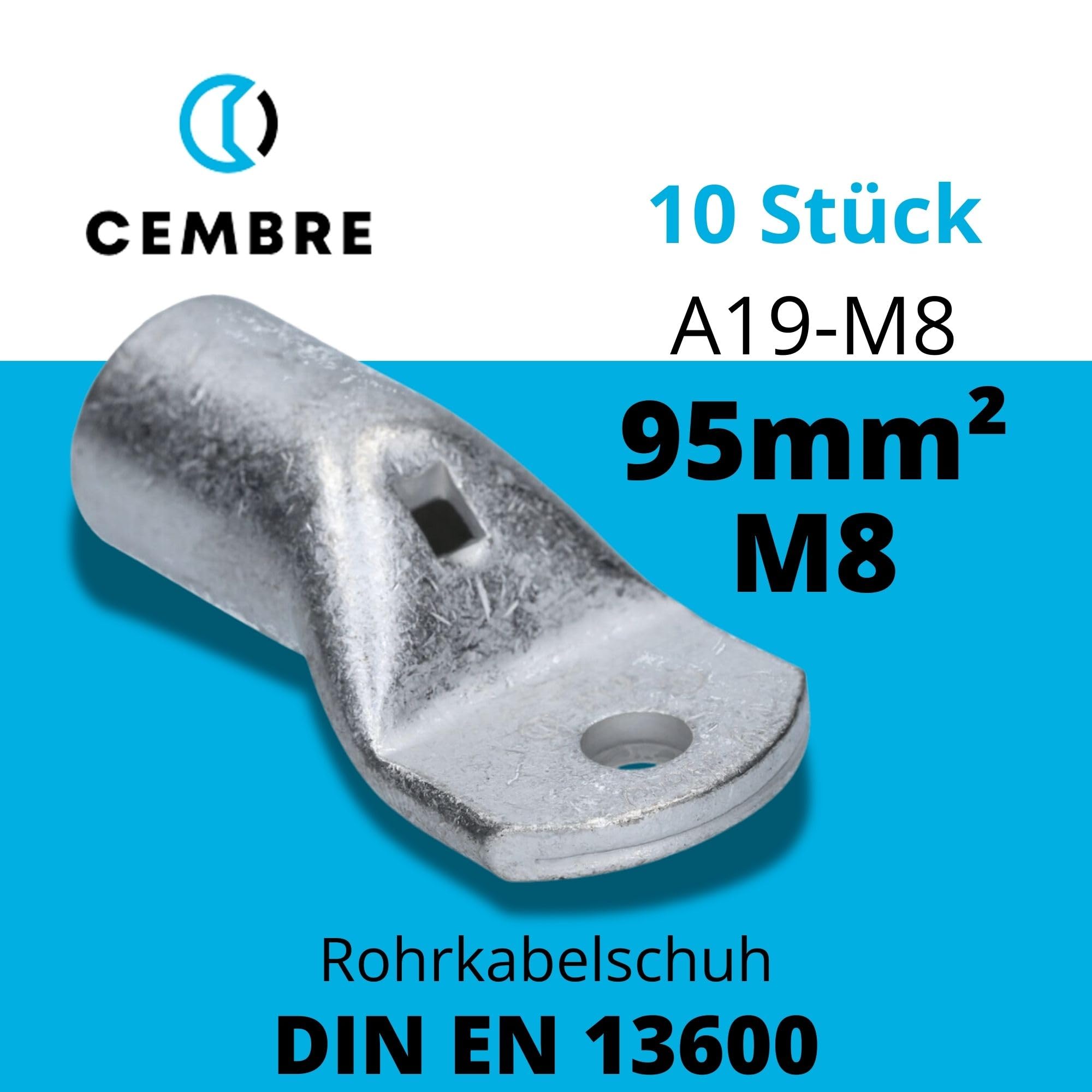 Cembre A19-M8 Terminal de Cable Tubular 95mm², 10 Unidades de Cobre | Terminales profesionales con orificio M8 para una conexión segura, alta conductividad y resistencia a la corrosión.