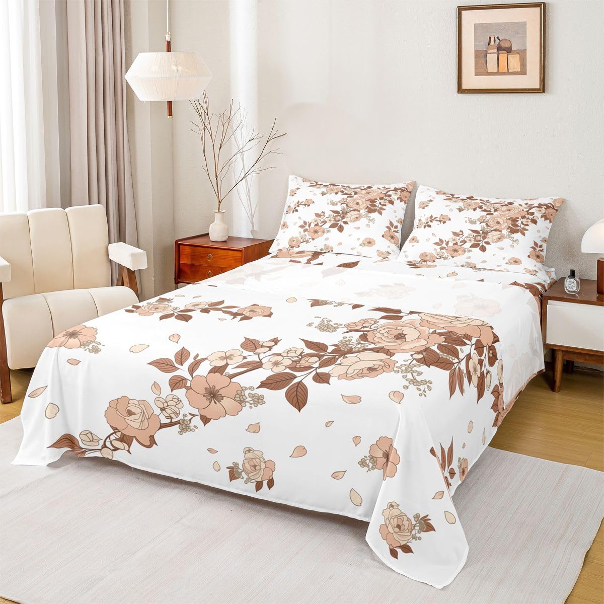 Homewish Boho kwiatowe prześcieradła podwójne vintage róża piwonia kwiaty zestaw pościeli brązowy i gałąź botaniczny zestaw pościeli - rustykalny dom wiejski dopasowane płaskie prześcieradła 4