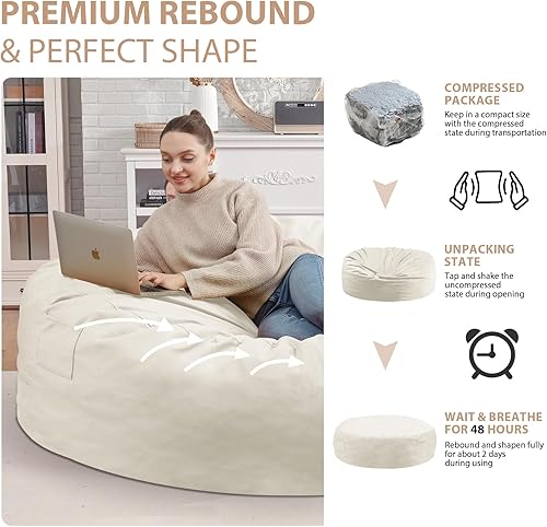 Miniatura 267 de Puf de 5 pies, puf grande con relleno de espuma viscoelástica, sofá puff esponjoso con funda de terciopelo holandés, puf redondo para sala de estar,