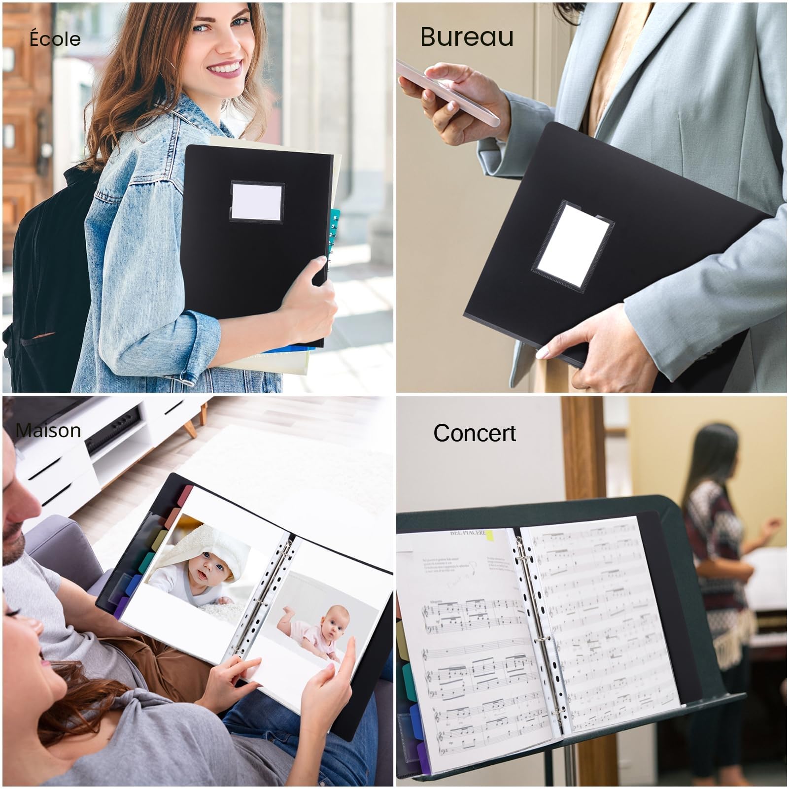 Uquelic Classeur A4 Anneaux avec 50 Pochette Plastique et 6 Pages Intercalaires Colorées, Classeur à Pochettes en Plastique pour Documents, Certificats, Reçus, Noir