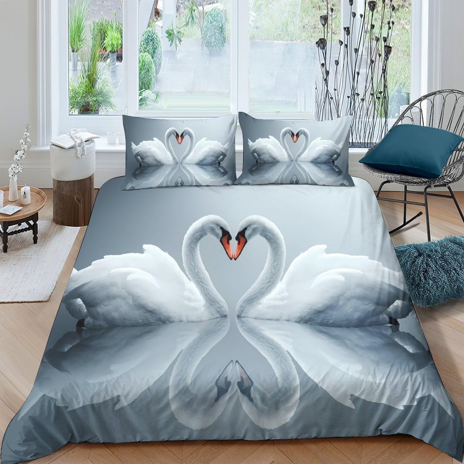 Ctjqhvkz Style-3 3D Printed White Swan Fitted Sheet Microfiber Elegant Heart Shape Bed Cover Anti-Slip Machine Washable For Bedroom Decor Single（135X200cm）