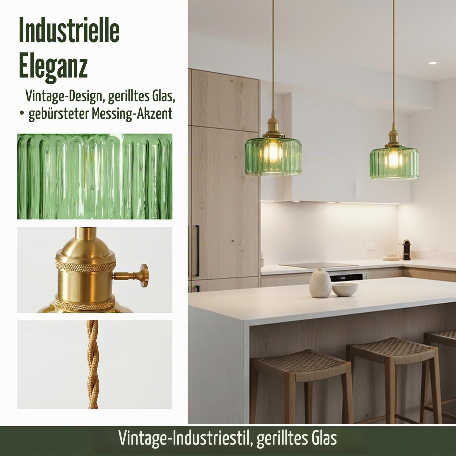Glas Pendelleuchte Esstisch Hängelampe, Vintage E27 Hängeleuchte mit Schalter, Hängende Deckenlampe für Schlafzimmer Esszimmer & Küche (Grün)
