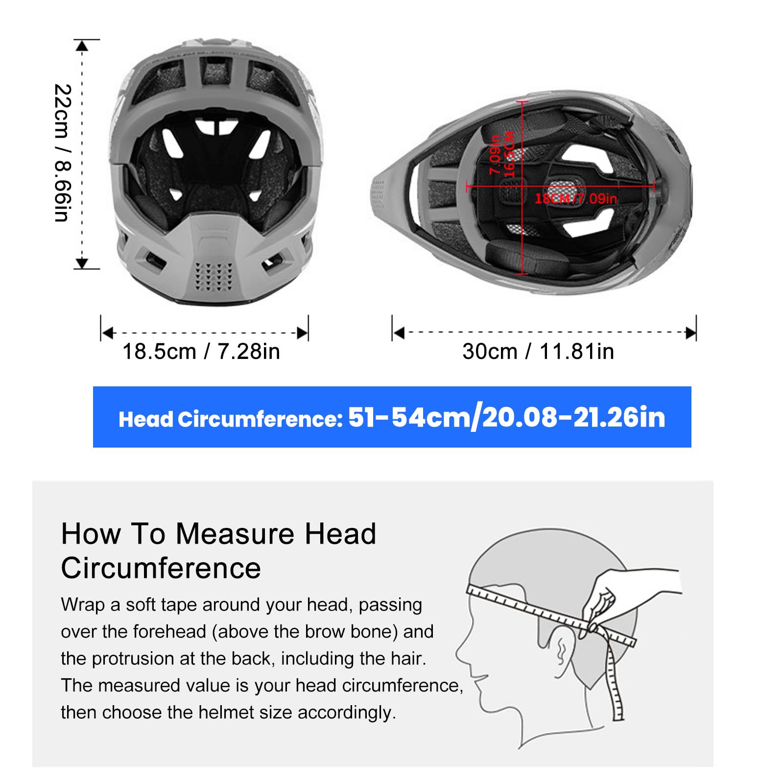 Casco integrale per bambini con protezione per il mento rinforzata, 18 fori di ventilazione, traspirante e leggero, dimensioni (51-54 cm)