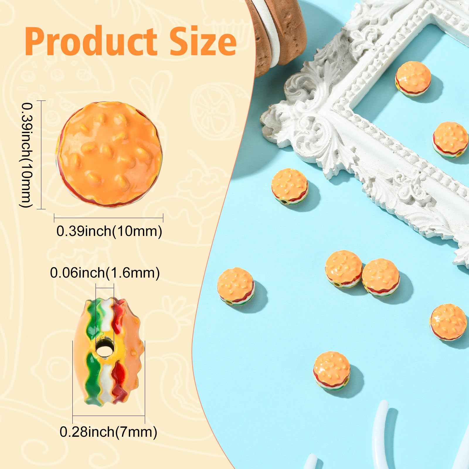 KitBeads 10Pcs Metal Hamburger Beads Mini Bun Burger Beads Cute Enamel Fast Food Beads for Jewelry Making Necklaces Pens Key Chain Bracelets Crafts