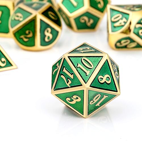 Miniatura 4 de DNDND - Juego de dados de metal para D&D, 7dados DND verdes con caja de metal para juegos de rol como Dungeons and Dragons y juegos de mesa (números