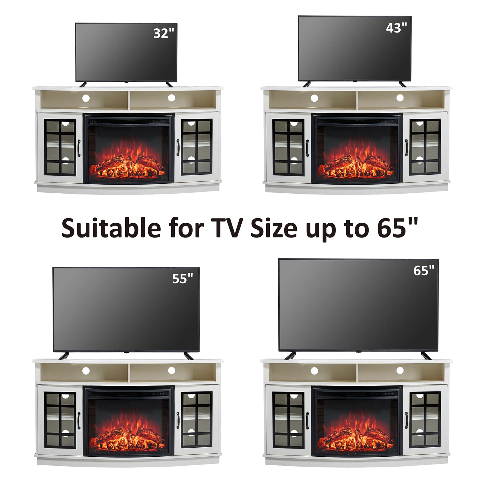 Amazon.com: AMERLIFE Curved Fireplace TV Stand with 26'' Electric Fireplace,  Media Entertainment Center Farmhouse Glass Door Storage Cabinet, Open  Shelve Console Table for TVs up to 65'', Distressed White, 59'' : Home