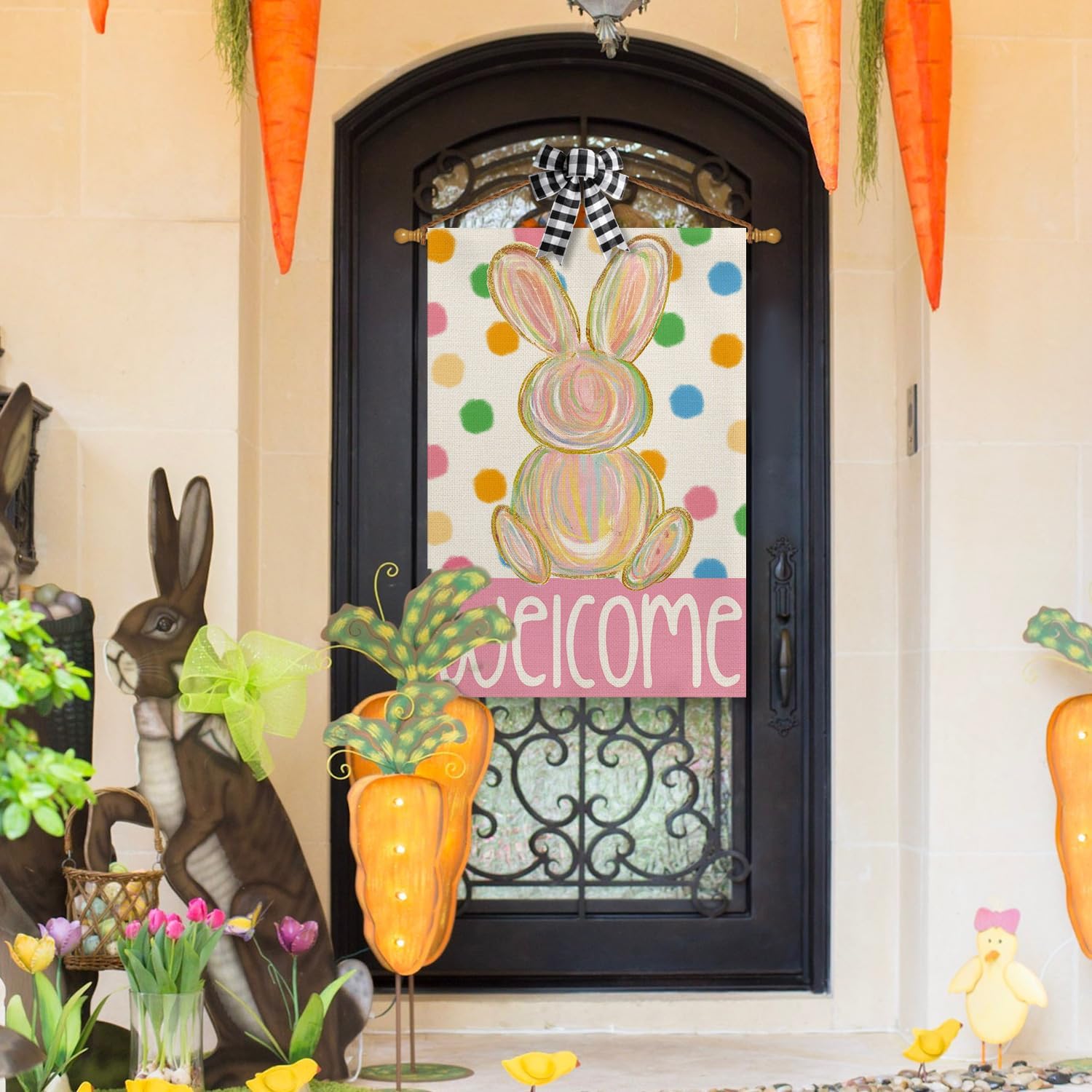 AVOIN colorlife Easter Bunny House Flag 28x40 Inch Double Sided Outside, Polka Dots Welcome Holiday Yard Outdoor Flag - Image 2