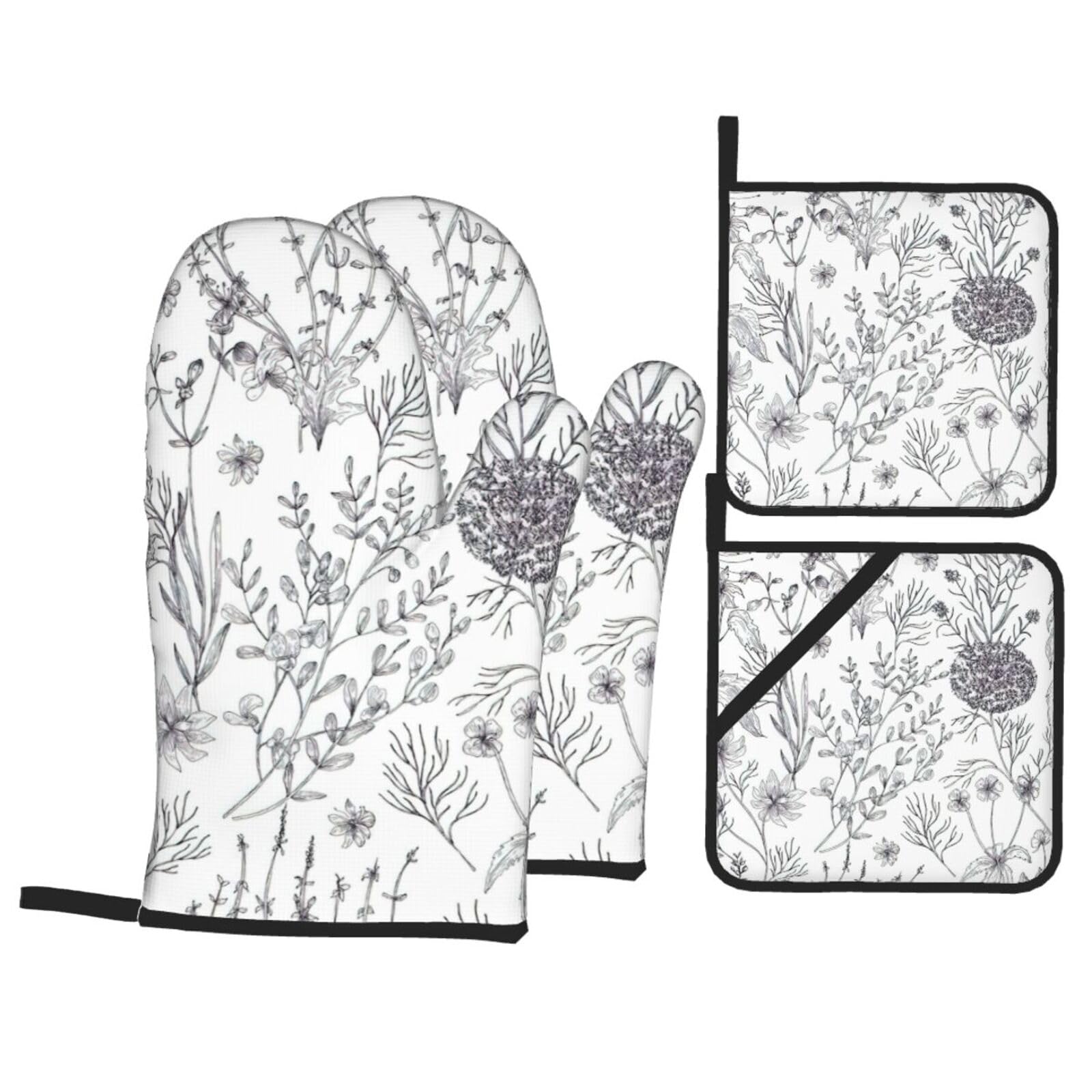 Nimongt Black Flowering Herbs And Herbaceous Plants Print Heat-Resistant 4-Piece Oven Kitchen Gloves For Baking Cooking Microwaving Essentials