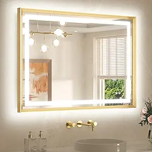 TETOTE 40 x 30 Bathroom Mirror Brushed Gold Metal Frame Frontlit & Backlit Vanity Mirror 3 Colors White/Warm/Natural Stepless Dimmable Anti-Fog Bathroom Mirrors for Vanity Wall-Mounted