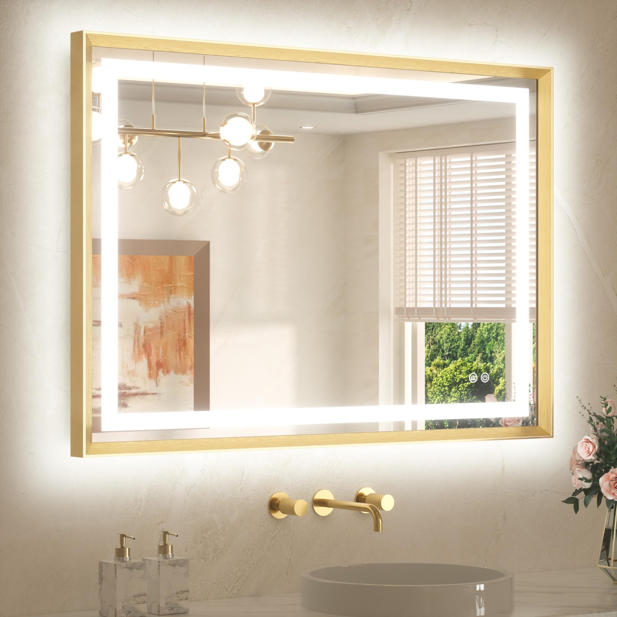 TETOTE 40 x 30 Bathroom Mirror Brushed Gold Metal Frame Frontlit & Backlit Vanity Mirror 3 Colors White/Warm/Natural Stepless Dimmable Anti-Fog