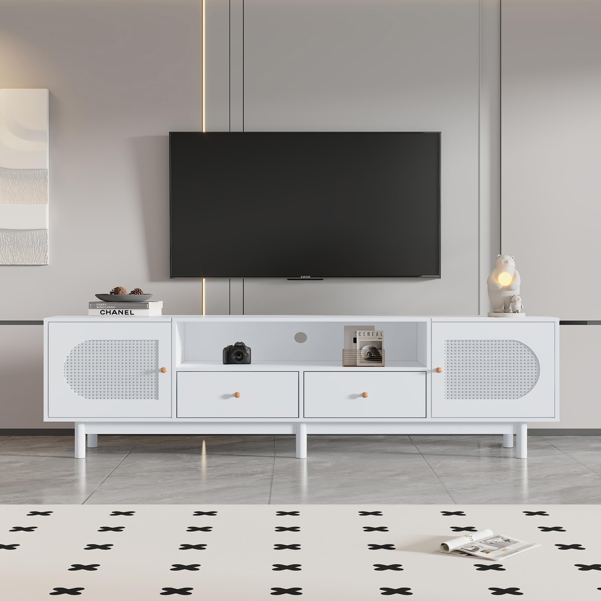 BTM 180cm TV Stand, White TV Stand Cabinet, Rattan TV Cabinet with 2 Drawers & 2 Doors, TV Table for 80 inch TV, 180x40x56cm