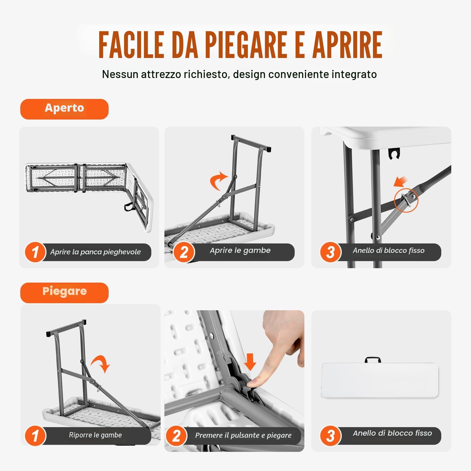 VEVOR Panca Pieghevole in Plastica, Panca Portatile 183 mm Esterno Impermeabile in HDPE, Seduta da Pranzo per Picnic e Campeggio con Maniglia Trasporto, per Attività in Giardino, Bianco 2 Pezzi