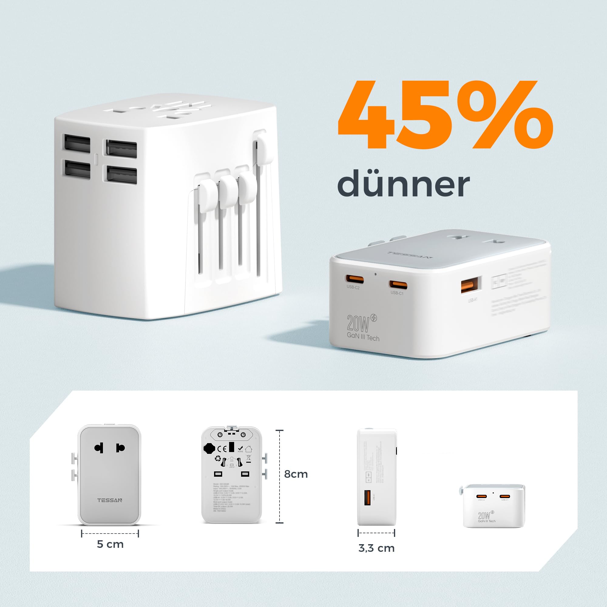 TESSAN Reiseadapter Weltweit PD 20W, Travel Adapter Worldwide mit 2 USB C und 1 USB A, Reisestecker Adapter Weltweit, Internationaler Steckdosenadapter für England USA Japan Thailand Australien - 4