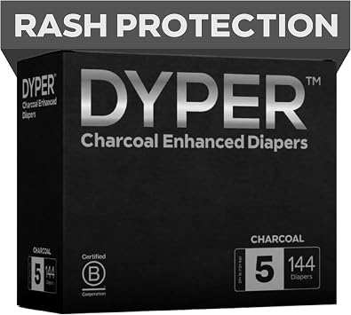 DYPER - Charcoal Enhanced Day & Overnight Disposable Baby Diapers - Made with Plant-Based* & Honest Ingredients, Hypoallergenic for Sensitive Skin - Size 5, 144 Count