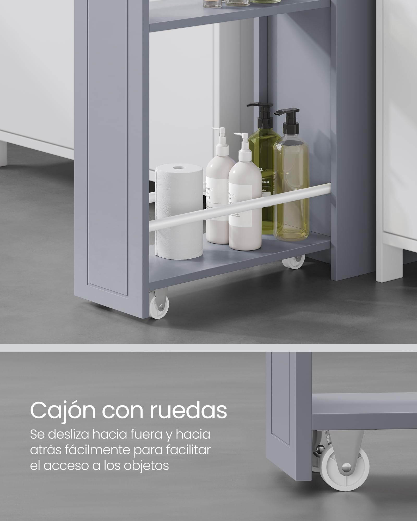 VASAGLE Armario de Baño, Armario Estrecho de Pie, Portarrollos de Papel Higiénico, con Cajones, para Espacios Pequeños, Gris Paloma BBC847G02