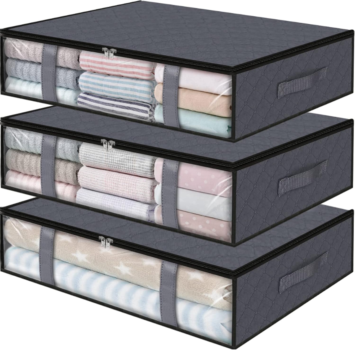 3-Pack Heavy-Duty Underbed Storage Bags with Clear View Window | Waterproof Zipper & 4 Reinforced Handles | Foldable Space-Saving Design for Clothes,Bedding,Blankets,Travel Organizers,Grey.