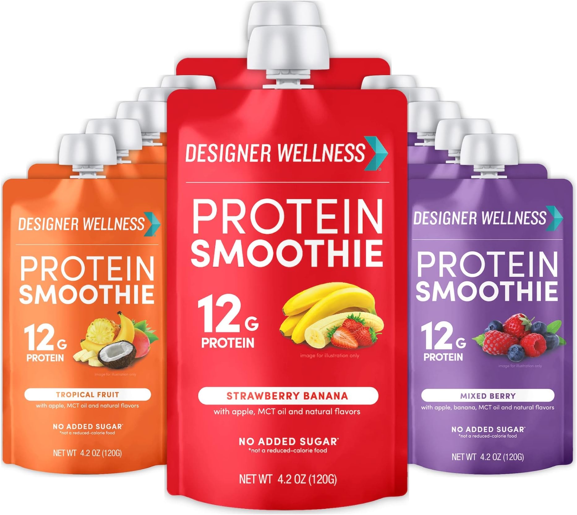 Designer Wellness Protein Smoothie, Real Fruit, 12g Protein, Low Carb, Zero Added Sugar, Gluten-Free, Non-GMO, No Artificial Colors or Flavors, Variety Pack, 12 Count