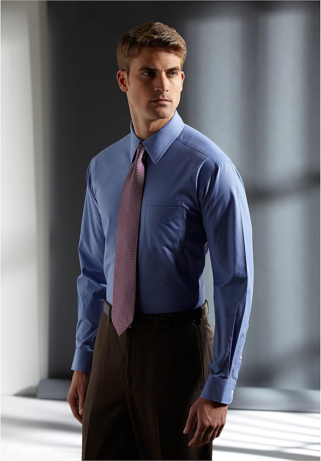 Gold Label Men's Wrinkle-Free Long Sleeve Button-Down Dress Shirt with Point Collar and Chest Pocket, Regular Sizes