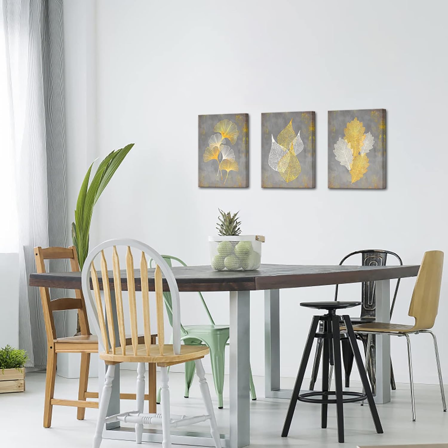 Conipit Grey and Yellow Canvas Wall Art Abstract Leaf Painting Botanical Pictures Minimalist Artwork Prints for Office Bedroom (12''X16''X3PCS)