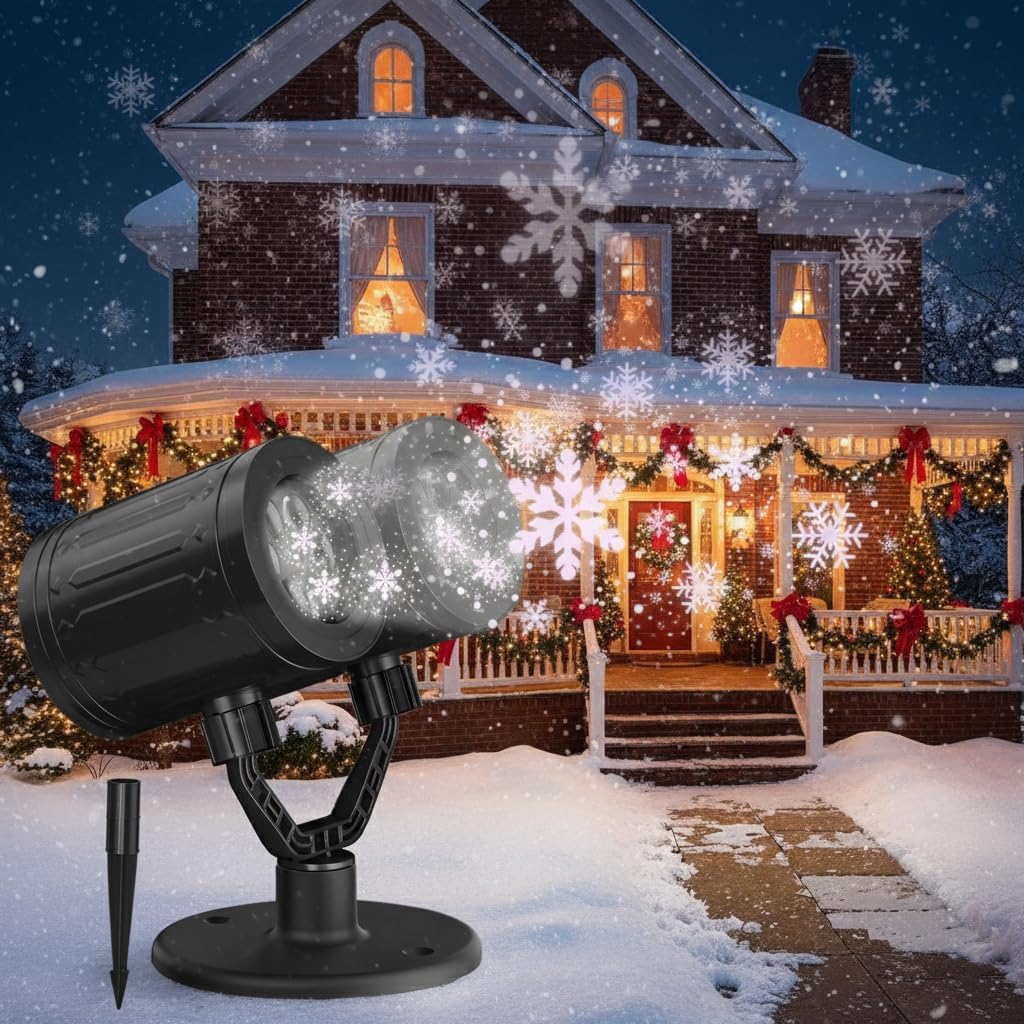 Christmas Outdoor Projector Lights Snowflake, Dual Head Snowfall Lamp for Wide Coverage, 270°Rotating Waterproof Xmas Light, for House, Yard, Garden, Indoor Party Holiday Decorations