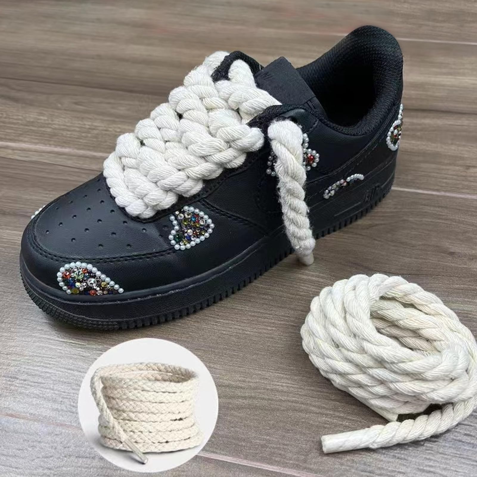 Rope Laces, 2 pary szerokich, okrągłych sznurowadeł sznurowanych do butów sportowych - 2 pary wysokiej jakości okrągłych sznurowadeł z bawełny - biały i beżowy - 160 cm, biały beżowy, 150