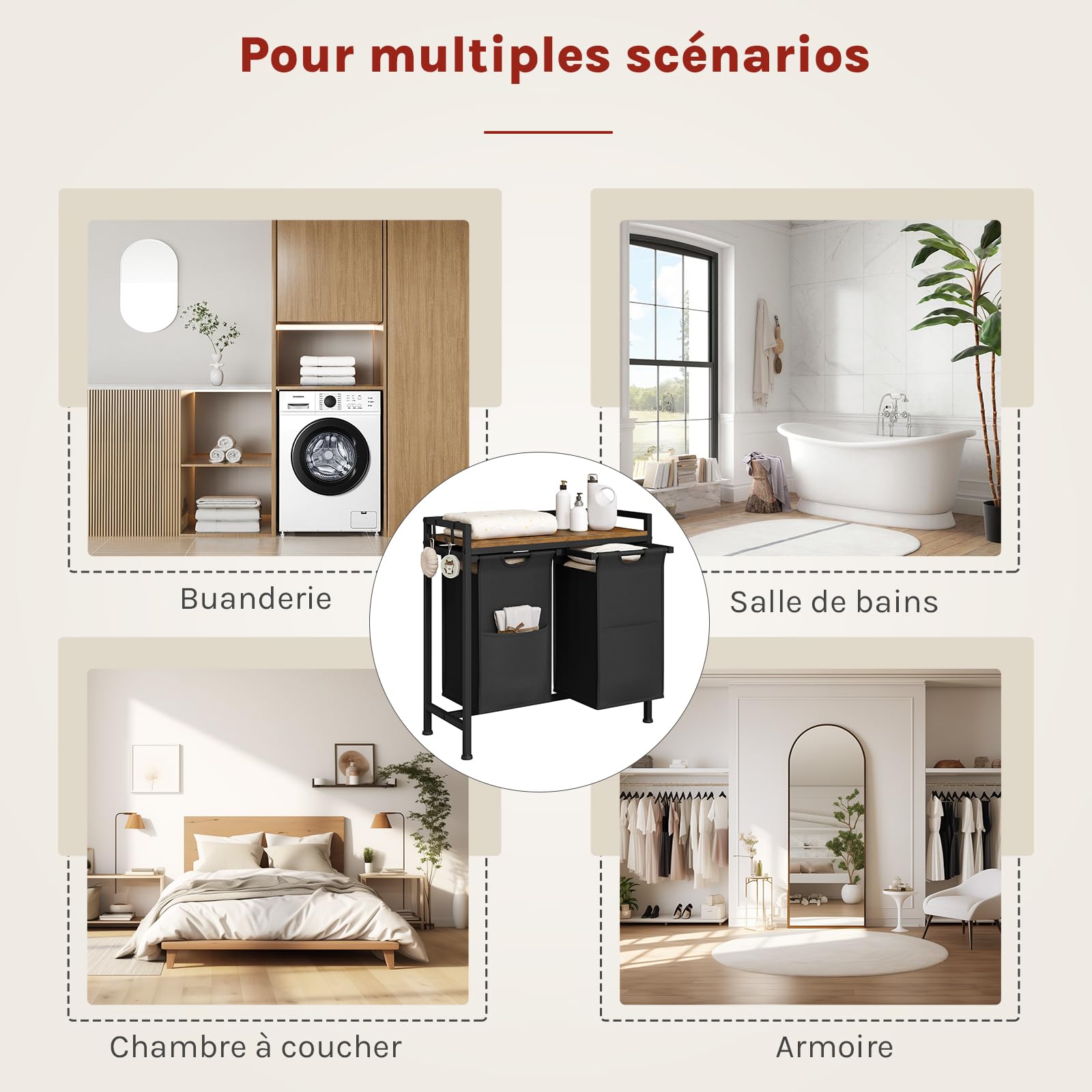 WOLTU Panier à Linge 2 Compartiments, 40L/Panier, avec Étagère, Sac à Linge en Tissu Oxford Amovible, Cadre en Métal, Marron Rustique+Noir