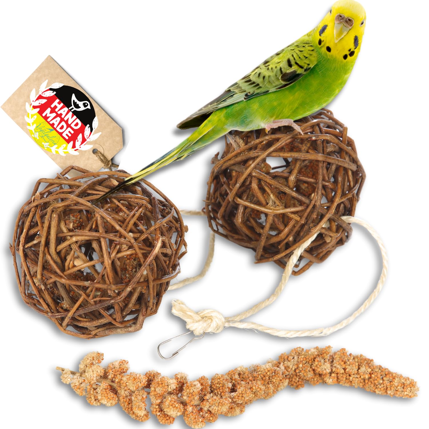 Vogelgaleria Foxtail Millet Filled Willow Ball Pack of 2 Handmade in Germany Amazing Fun for Happy and Active Budgies