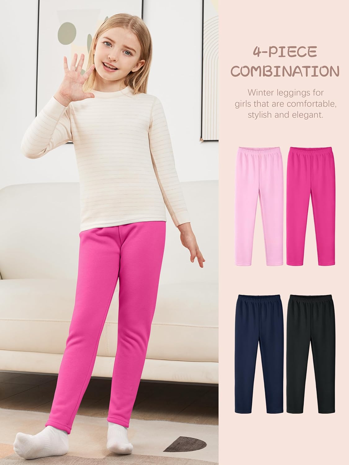 4 Pack Girls Fleece Lined Leggings Cotton Kids Winter Warm Leggings Thick Thermal Tights Pants - Image 4