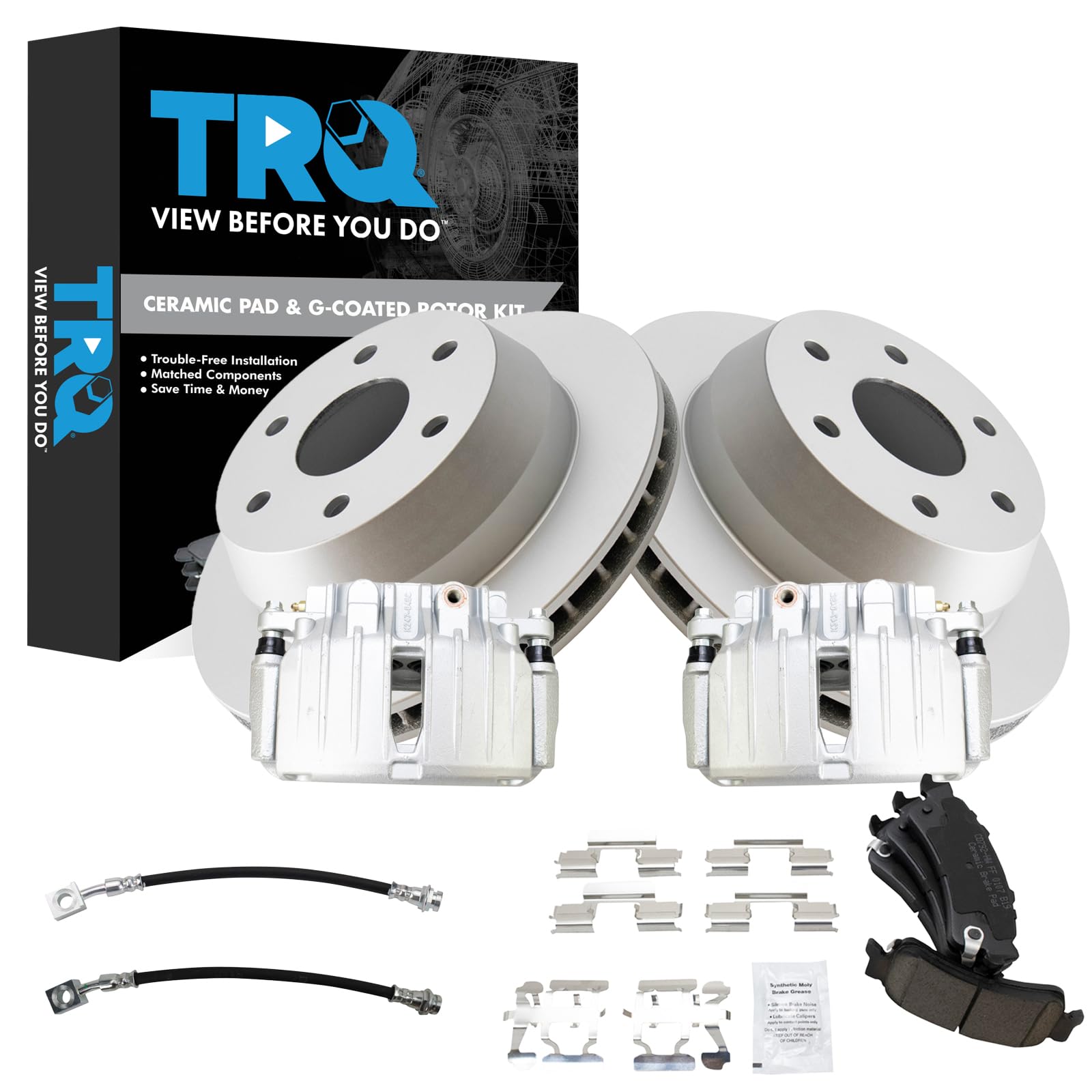 TRQ Rear Brake Pad &amp; Rotor Kit Ceramic Premium G-Coated Compatible with 2002 Cadillac Escalade Escalade EXT 2000-2001 GMC Yukon XL 1500