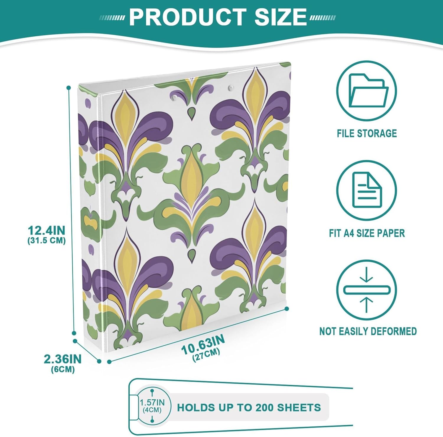 Fleur De Lis Mardi Gras 3 Ring Binders, 1.5” Round Ring Binders with Clipboard - Letter Size, 3 Interior PVC Clear Pockets & Anti-Slip Clip for Office School Supplies, 2PCS