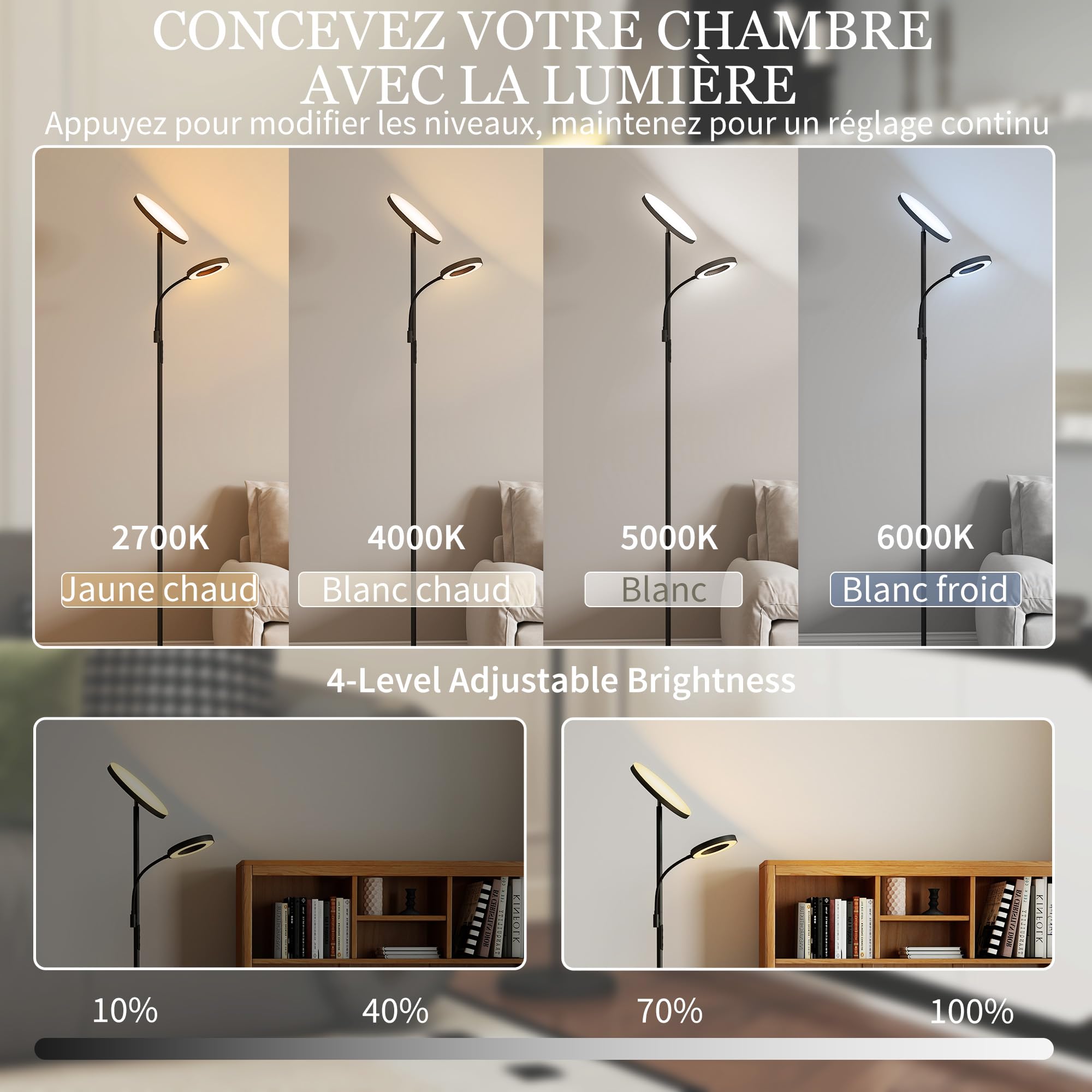 HOMCOM LED-Stehleuchte 42W Stehleuchten Wohnzimmer dimmbar 2700K-6500K Stehlampe mit 4 Farben stufenlos dimmbar, 4 Szenemodi, Fernbedienung und Touch Control, Memory-Funktion, schwarz