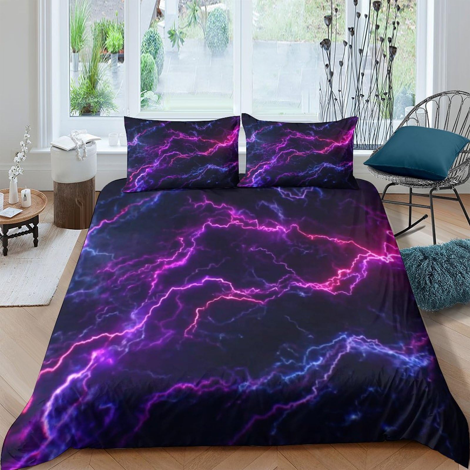 Ctjqhvkz Style-9 3D Printed Electric Lightning Fitted Sheet Microfiber Soft Purple Blue Thunder Bed Cover Bedroom Decor Mattress Protection Single（135X200cm）