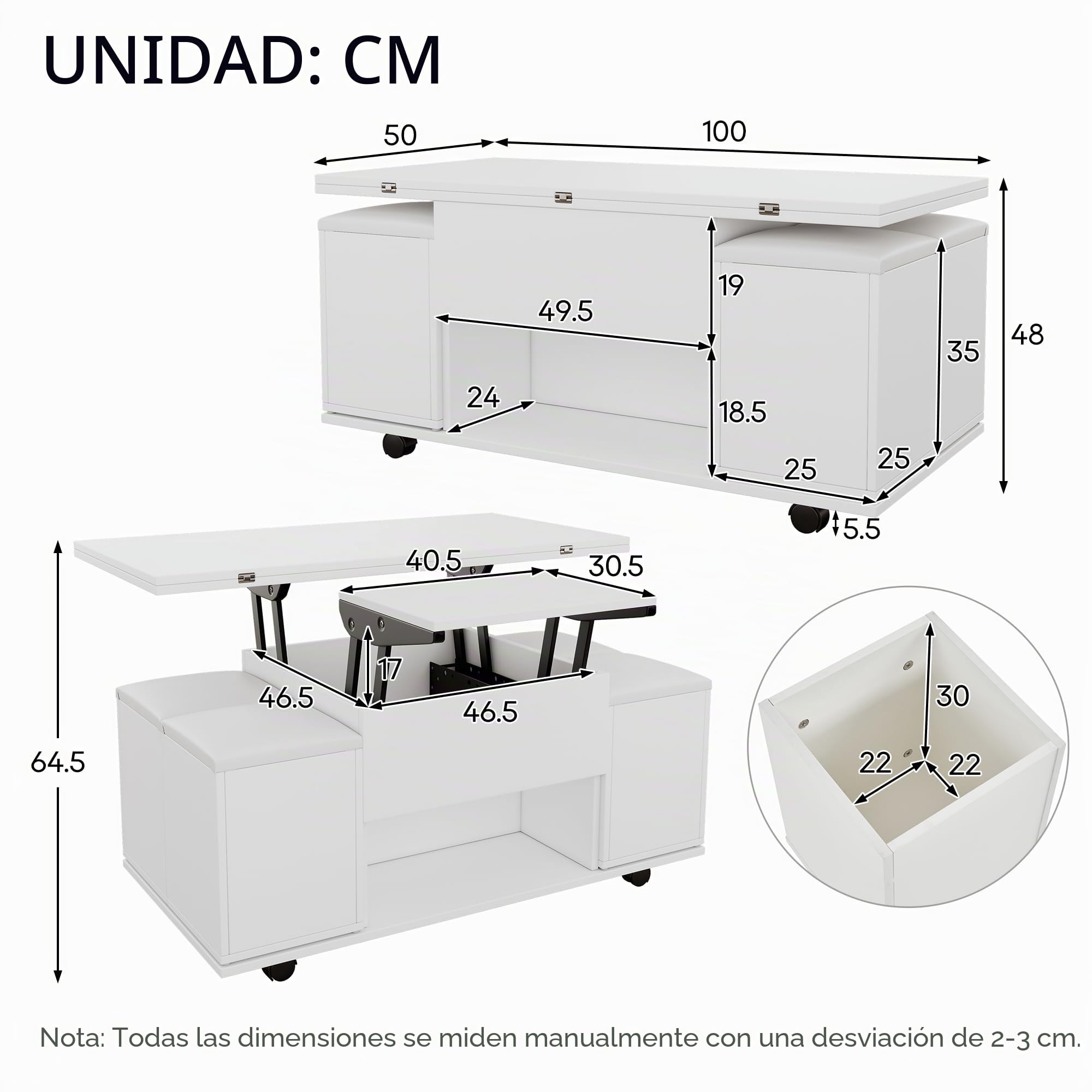 Mesa de centro multifuncional elevable: el escritorio puede abrir 2 mesas, color blanco, gran capacidad, muebles modernos de salón, oficina, mesa de comedor, 100 x 100 x 63,5 (largo x ancho x alto)